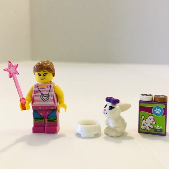 Lego Minifigures Lot Girl Pink Wand Friends Bunny Rabbit Dog Food Pet Dish - Picture 1 of 10